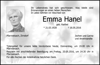 Traueranzeige von Emma Hanel von Neue Presse Coburg