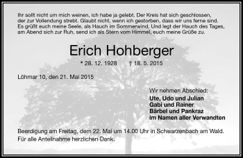 Traueranzeige von Erich Hohberger von Frankenpost