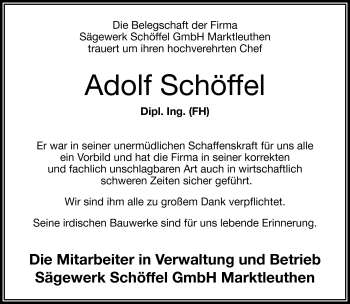 Traueranzeige von Adolf Schöffel von Frankenpost