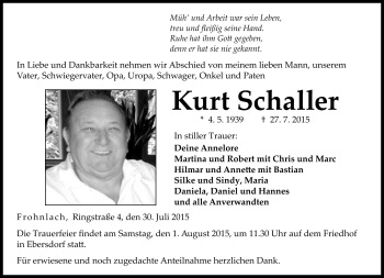 Traueranzeige von Kurt Schaller von Neue Presse Coburg