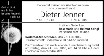 Traueranzeige von Dieter Jenner von Neue Presse Coburg
