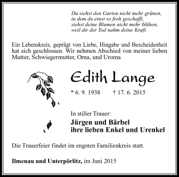 Traueranzeige von Edith Lange von Südthüringer Presse