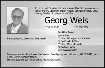 Traueranzeige von Georg Weis von Neue Presse Coburg