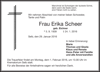 Traueranzeige von Erika Scheer von Frankenpost