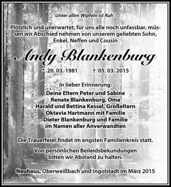 Traueranzeige von Andy Blankenburg von Südthüringer Presse