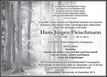 Traueranzeige von Hans Jürgen Fleischmann von Südthüringer Presse