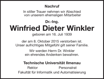 Traueranzeige von Winfried Dieter Winkler von Südthüringer Presse