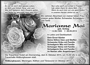 Traueranzeige von Marianne Mai von Südthüringer Presse