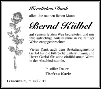 Traueranzeige von Bernd Külbel von Südthüringer Presse