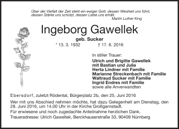 Traueranzeige von Ingeborg Gawellek von Neue Presse Coburg