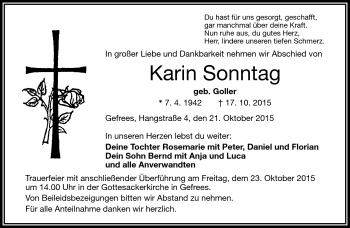 Traueranzeige von Karin Sonntag von Frankenpost