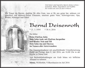 Traueranzeige von Bernd Deisenroth von Südthüringer Presse