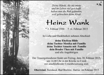 Traueranzeige von Heinz Wank von Südthüringer Presse