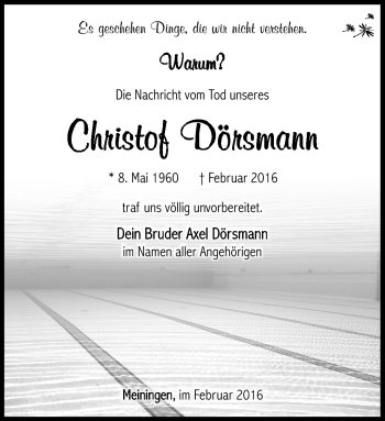Traueranzeige von Christof Dörsmann von Südthüringer Presse