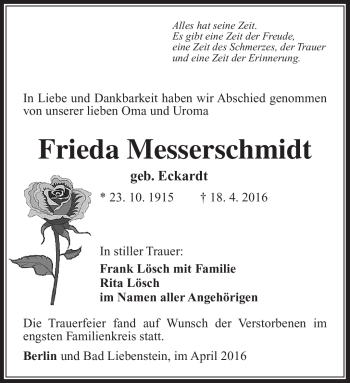Traueranzeige von Frieda Messerschmidt von Südthüringer Presse
