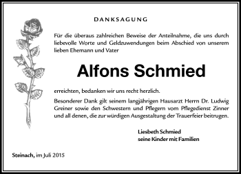 Traueranzeige von Alfons Schmied von Südthüringer Presse
