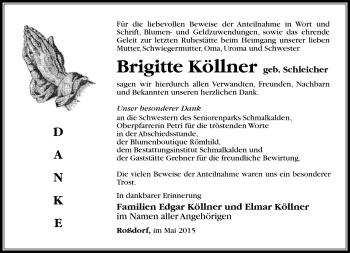 Traueranzeige von Brigitte Köllner von Südthüringer Presse