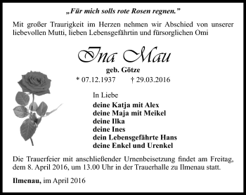 Traueranzeige von Ina Mau von Südthüringer Presse