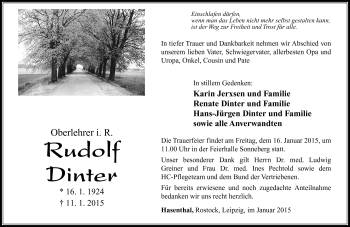Traueranzeige von Rudolf Dinter von Südthüringer Presse