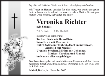 Traueranzeige von Veronika Richter von Südthüringer Presse