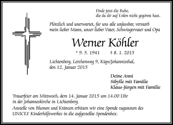 Traueranzeige von Werner Köhler von Frankenpost