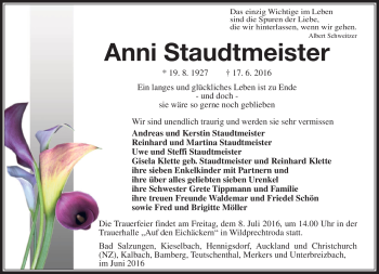 Traueranzeige von Anni Staudtmeister von Südthüringer Presse
