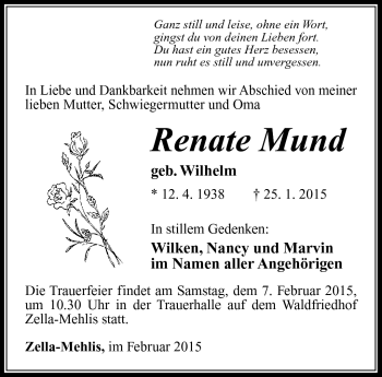 Traueranzeige von Renate Mund von Südthüringer Presse
