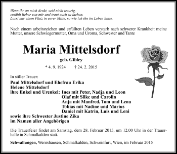 Traueranzeige von Maria Mittelsdorf von Südthüringer Presse