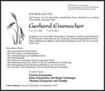 Traueranzeige von Gerhard Eisenacher von Südthüringer Presse