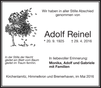 Traueranzeige von Adolf Reinel von Frankenpost