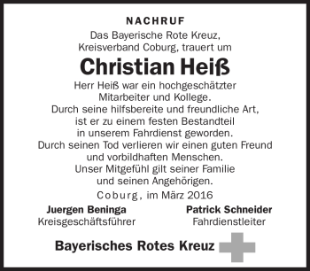 Traueranzeige von Christian Heiß von Neue Presse Coburg