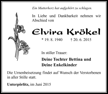 Traueranzeige von Elvira Krökel von Südthüringer Presse