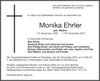 Traueranzeige von Monika Ehrler von Frankenpost