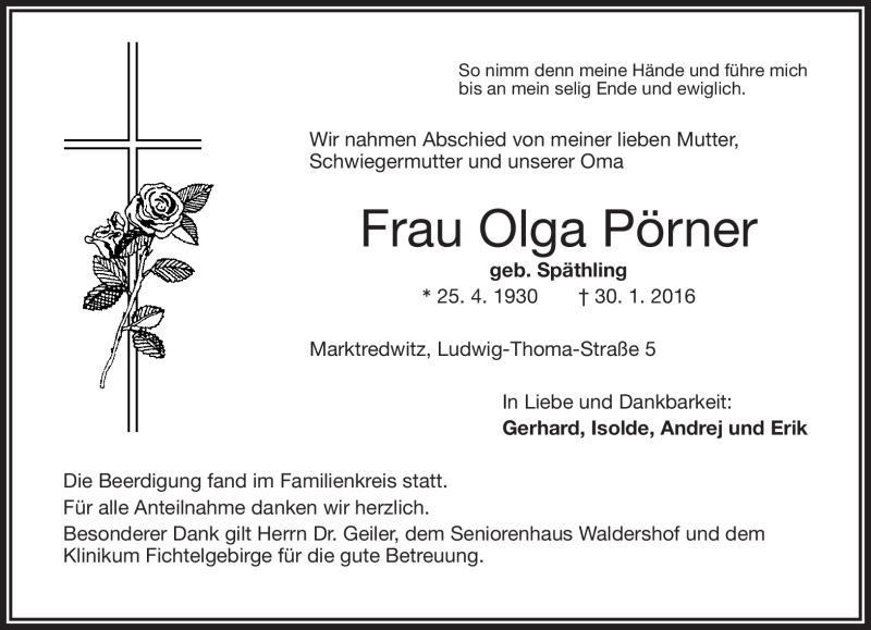  Traueranzeige für Olga Pörner vom 06.02.2016 aus Frankenpost