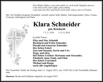 Traueranzeige von Klara Schneider von Südthüringer Presse