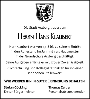 Traueranzeige von Hans Klaubert von Frankenpost