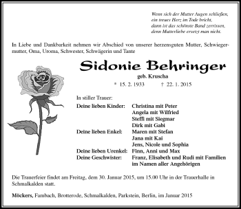 Traueranzeige von Sidonie Behringer von Südthüringer Presse