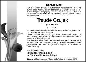 Traueranzeige von Traude Czukek von Südthüringer Presse