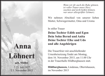 Traueranzeige von Anna Löhnert von Südthüringer Presse