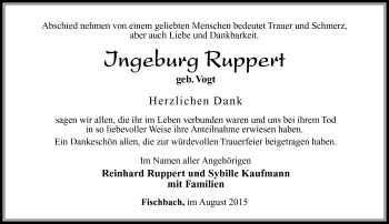 Traueranzeige von Ingeburg Ruppert von Südthüringer Presse