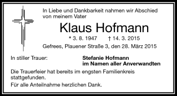 Traueranzeige von Klaus Hofmann von Frankenpost