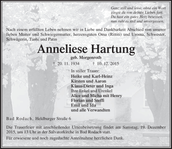 Traueranzeige von Anneliese Hartung von Neue Presse Coburg