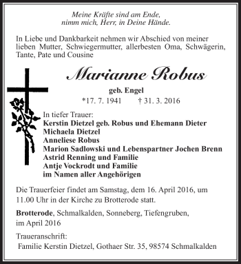 Traueranzeige von Marianne Robus von Südthüringer Presse