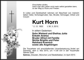 Traueranzeige von Kurt Horn von Südthüringer Presse