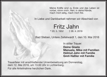 Traueranzeige von Fritz Jahn von Frankenpost
