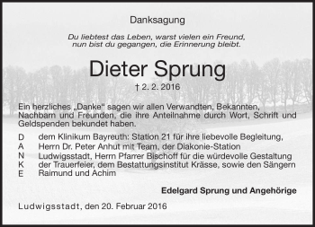Traueranzeige von Dieter Sprung von Neue Presse Coburg
