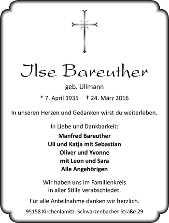 Traueranzeige von Ilse Bareutehr von Frankenpost