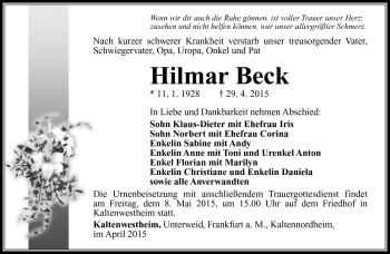 Traueranzeige von Hilmar Beck von Südthüringer Presse