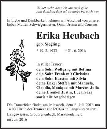 Traueranzeige von Erika Heubach von Südthüringer Presse