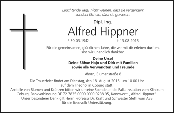 Traueranzeige von Alfred Hippner von Neue Presse Coburg